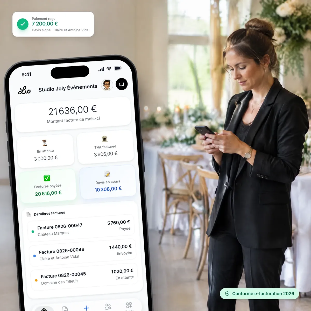 Wedding planner consultant son tableau de bord Lio : chiffre d’affaires, TVA et factures payées