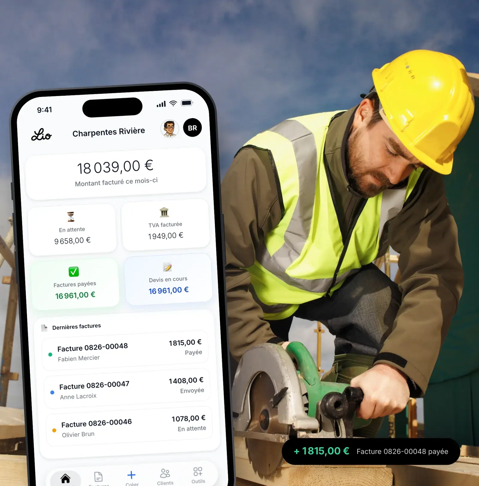 Charpentier suivant son chiffre d’affaires dans l’application Lio