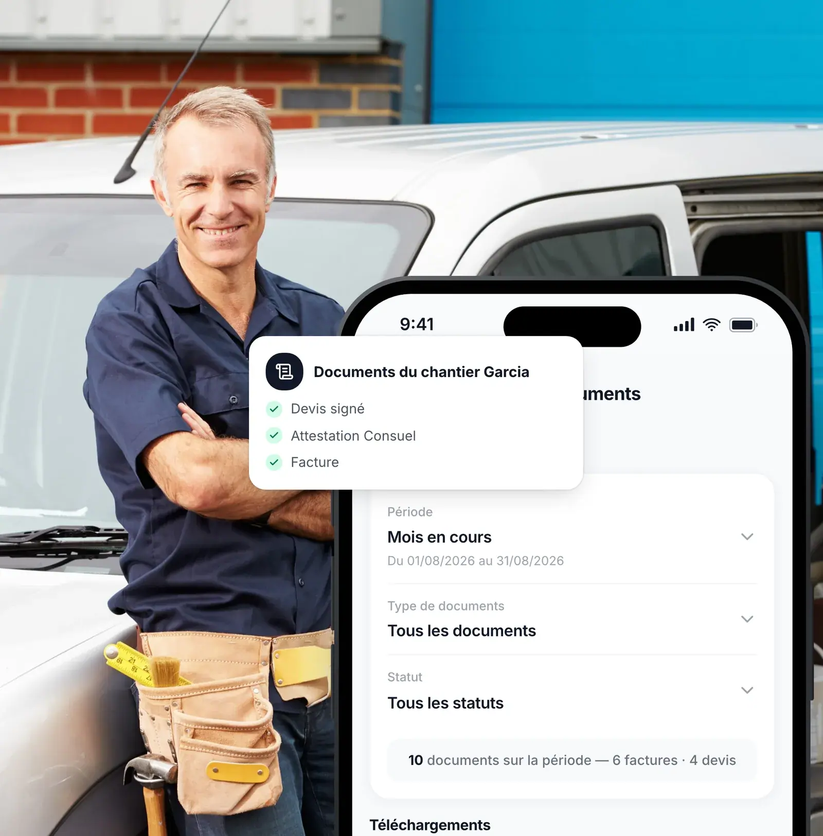 Attestation Consuel classée avec les devis et factures du chantier dans Lio