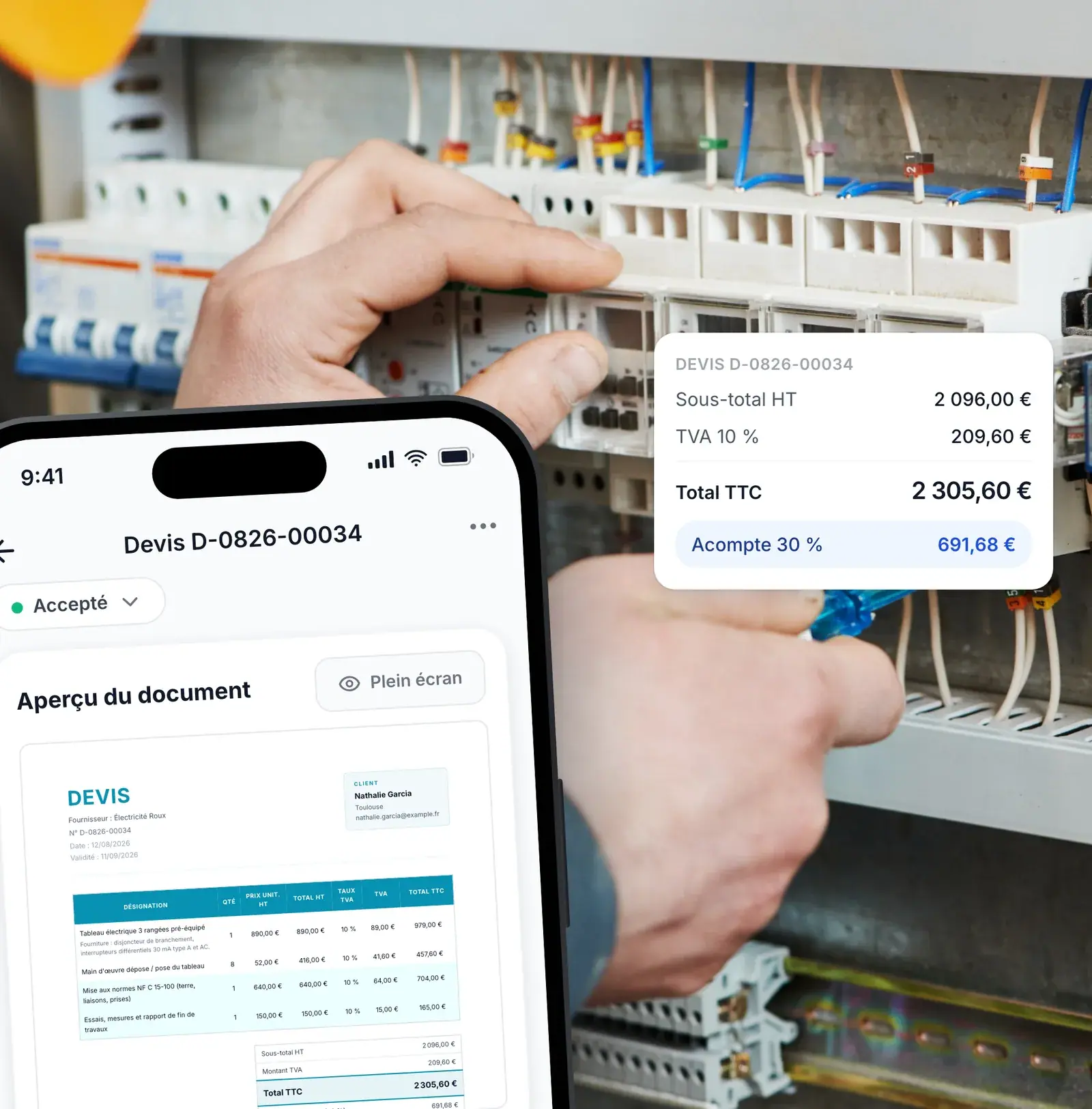 Devis d’électricien détaillé ligne par ligne dans Lio, avec TVA 10 % et acompte