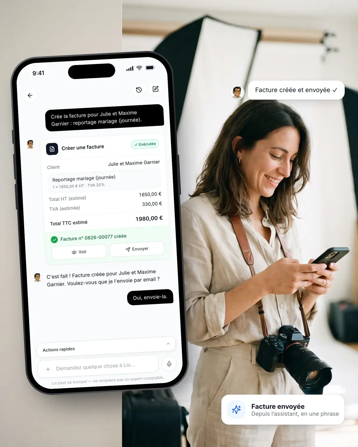 Facture créée par l’assistant IA de Lio et envoyée au client