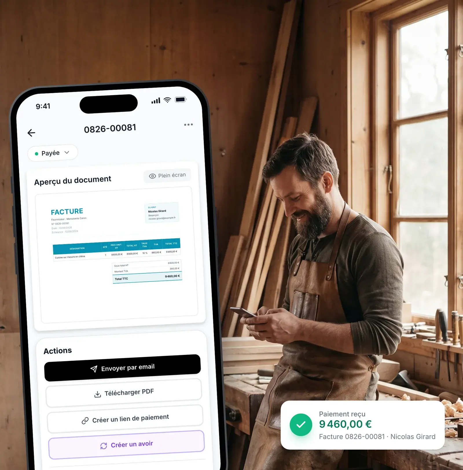 Facture de menuiserie payée et suivie dans l’application Lio
