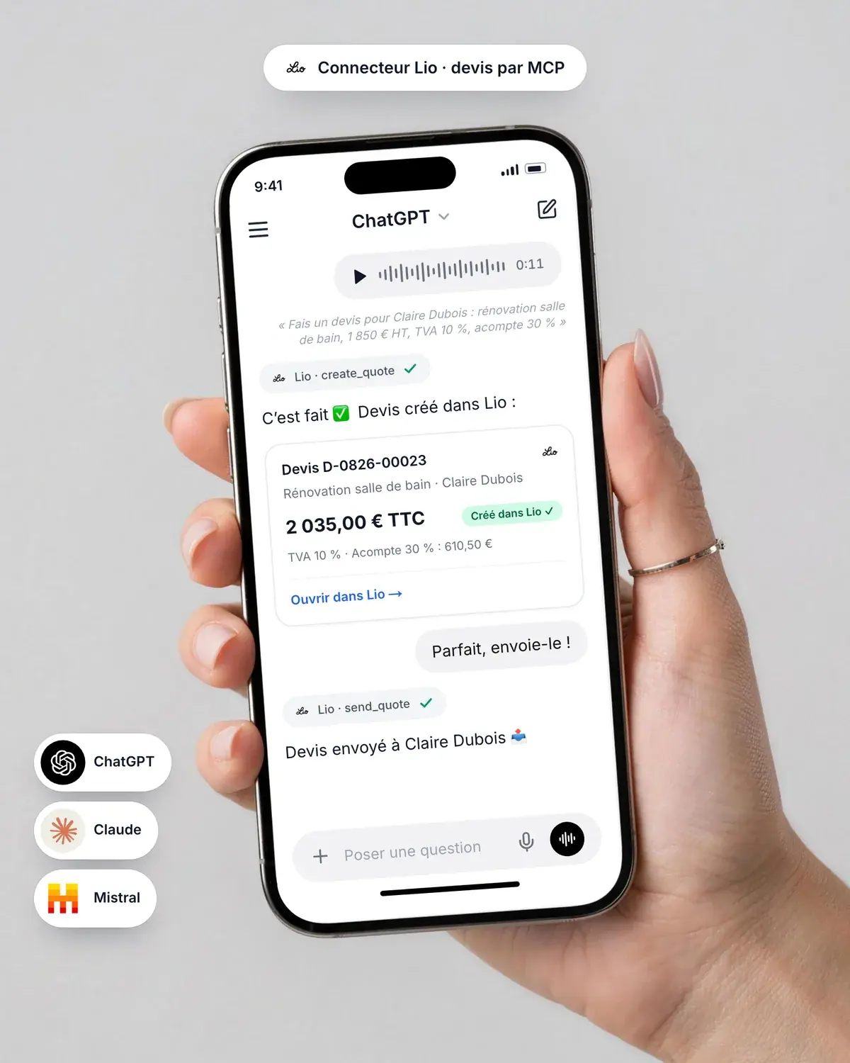 Devis créé et envoyé depuis un assistant IA grâce au connecteur MCP de Lio