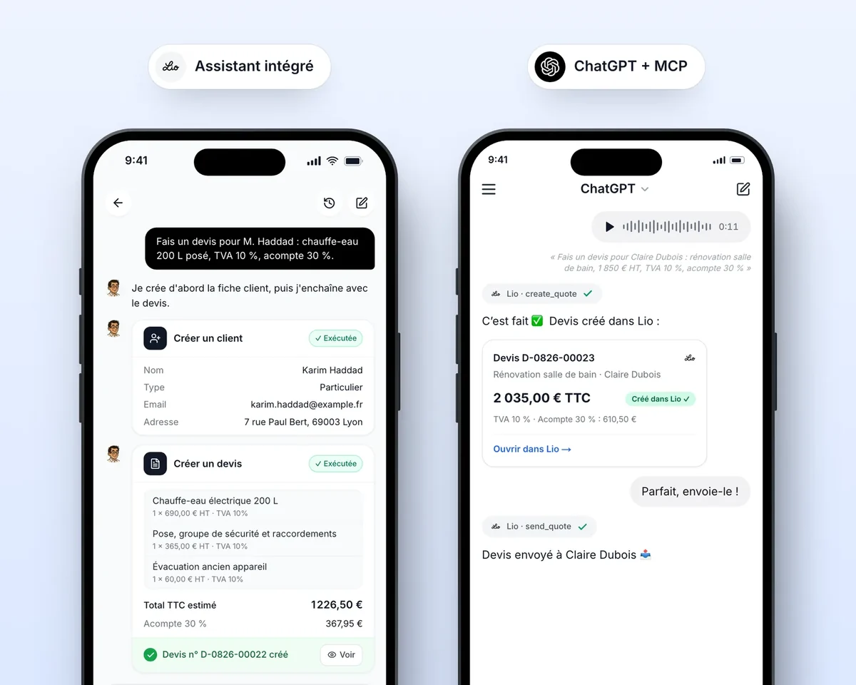 À gauche, l’assistant IA intégré à Lio prépare un devis ; à droite, ChatGPT crée un devis dans Lio par le connecteur MCP