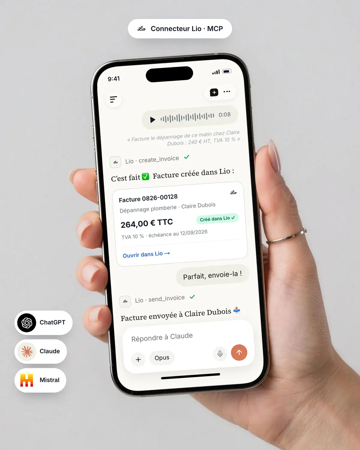 Facture créée dans Lio depuis un assistant IA grâce au connecteur MCP