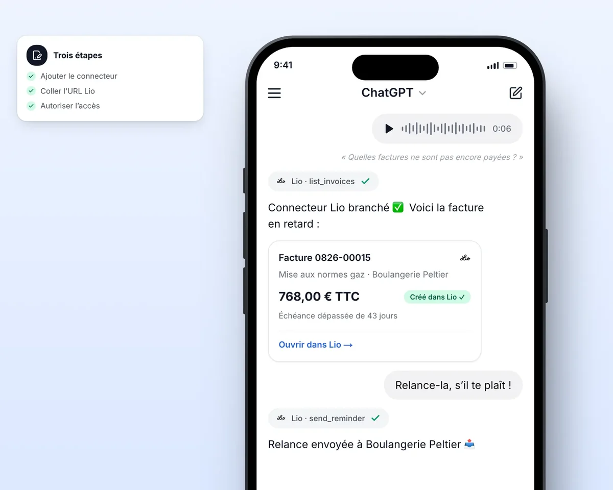 ChatGPT relié à Lio par le connecteur MCP : première question sur les factures impayées