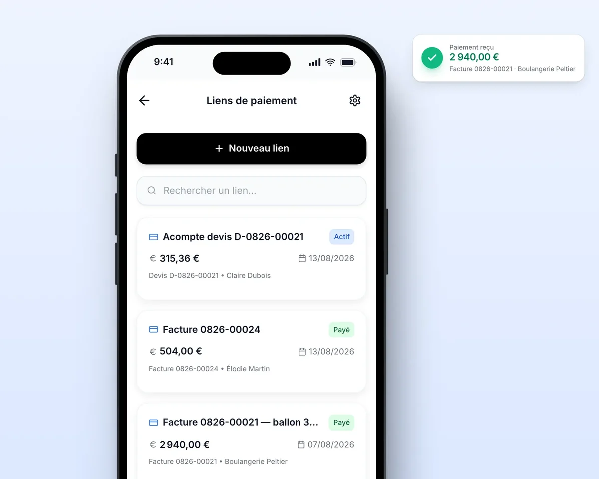 Liens de paiement Lio sur un téléphone : acompte actif, factures payées, avec la notification d’un paiement reçu