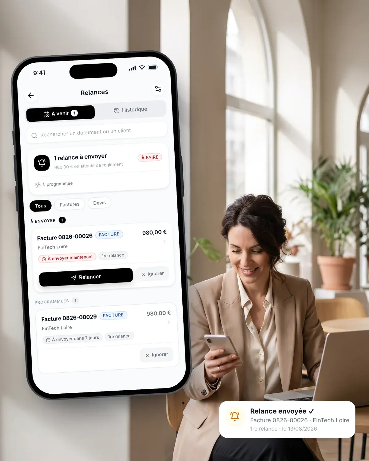 Relance automatique d’une facture impayée dans l’application Lio